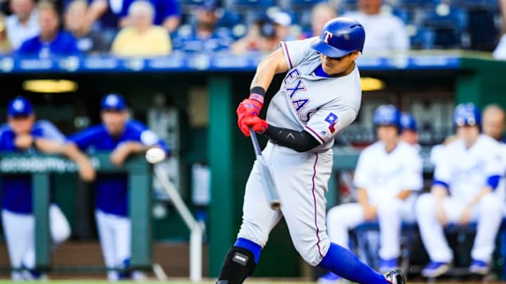 FanDuel MLB: KANSAS CITY, MO - JUNE 18: Shin-Soo Choo #17 of the Texas Rangers hits a solo home run against the Kansas City Royals during the first inning at Kauffman Stadium on June 18, 2018 in Kansas City, Missouri. (Photo by Brian Davidson/Getty Images)