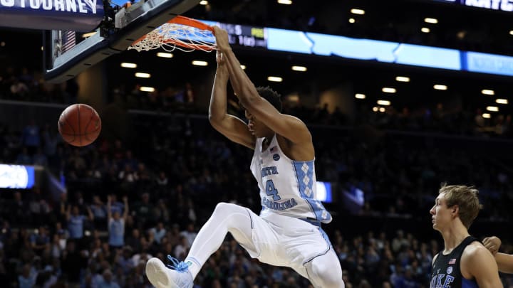 Mar 10, 2017; Brooklyn, NY, USA; North Carolina Tar Heels forward Isaiah Hicks (4) dunks during the second half against the Duke Blue Devils during the ACC Conference Tournament at Barclays Center. Duke Blue Devils won 93-83. Mandatory Credit: Anthony Gruppuso-USA TODAY Sports
