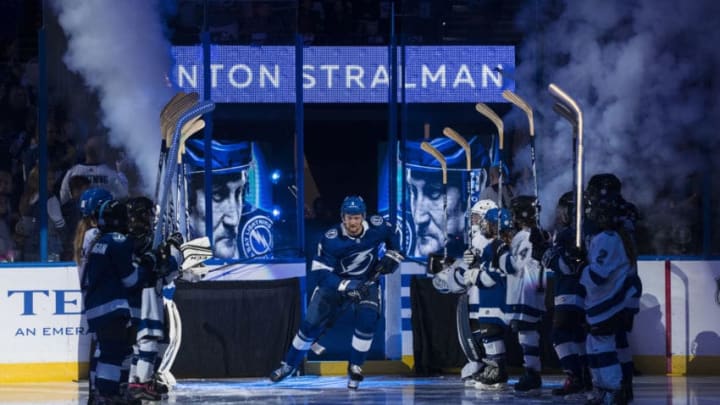TAMPA, FL - OCTOBER 6: Anton Stralman #6 of the Tampa Bay Lightning is introduced before the home opener against the Florida Panthers at Amalie Arena on October 6, 2018 in Tampa, Florida. (Photo by Scott Audette/NHLI via Getty Images)