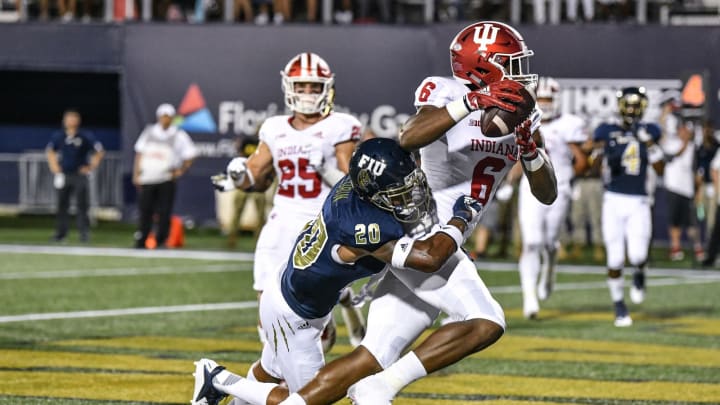 MIAMI, FL – SEPTEMBER 01: Donavan Hale #6 of the Indiana Hoosiers scores his second touchdown during the first half against the FIU Golden Panthers at Ricardo Silva Stadium on September 1, 2018 in Miami, Florida. (Photo by Mark Brown/Getty Images)