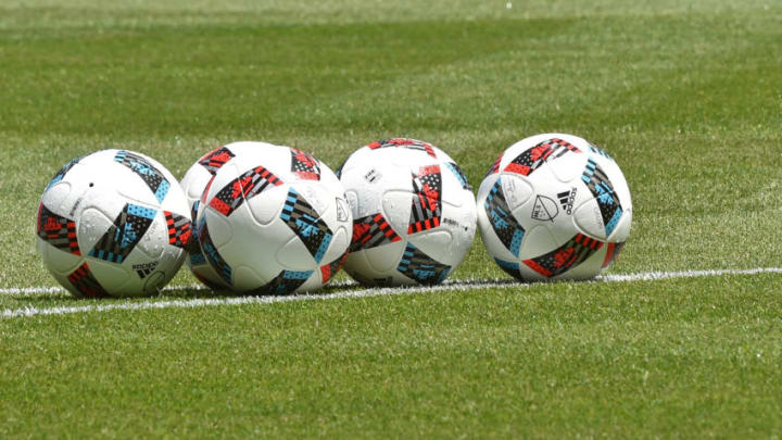 KANSAS CITY, KS - MAY 15: A general view of a group soccer ball on the field at Children's Mercy Park prior to a game between Sporting Kansas City and Orlando City SC on May 15, 2016 at in Kansas City, Kansas. (Photo by Peter G. Aiken/Getty Images)