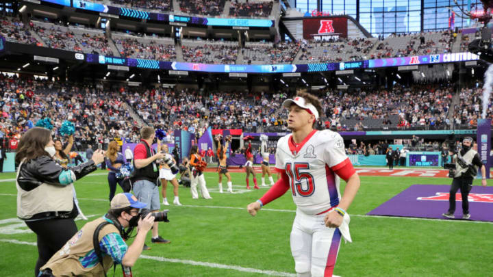 LAS VEGAS, NEVADA - FEBRUARY 06: Patrick Mahomes #15 of the Kansas City Chiefs and AFC is introduced at the 2022 NFL Pro Bowl against the NFC at Allegiant Stadium on February 06, 2022 in Las Vegas, Nevada. The AFC defeated the NFC 41-35. (Photo by Ethan Miller/Getty Images)