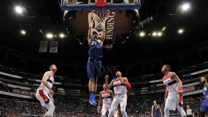 ORLANDO, FL - FEBRUARY 3: Khem Birch #24 of the Orlando Magic drives to the basket during the game against the Washington Wizards on February 3, 2018 at Amway Center in Orlando, Florida. NOTE TO USER: User expressly acknowledges and agrees that, by downloading and or using this photograph, User is consenting to the terms and conditions of the Getty Images License Agreement. Mandatory Copyright Notice: Copyright 2018 NBAE (Photo by Fernando Medina/NBAE via Getty Images)