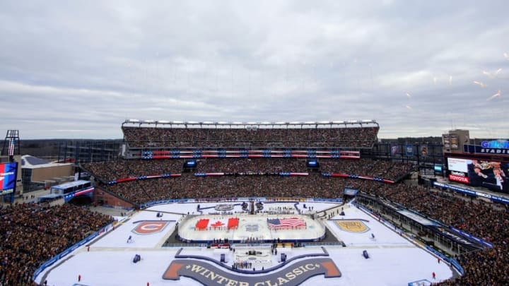 Jan 1, 2016; Foxborough, MA, USA; A general view of Gillette Stadium during the National Anthem before the Winter Classic hockey game at Gillette Stadium. Mandatory Credit: Brian Fluharty-USA TODAY Sports