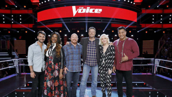 THE VOICE -- "Knockout Rounds" -- Pictured: (l-r) Mitchell Lee, Keisha Renee, Red Marlow, Blake Shelton, Chloe Kohanski, Esera Tuaolo -- (Photo by: Trae Patton/NBC)