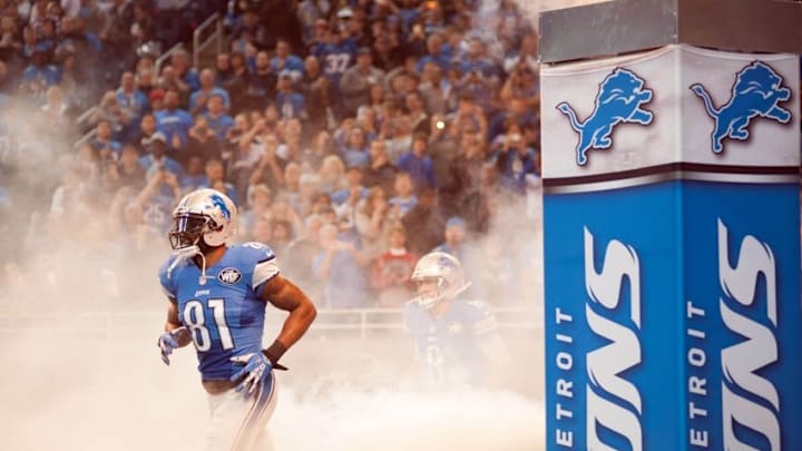 Dec 27, 2015; Detroit, MI, USA; Detroit Lions wide receiver Calvin Johnson (81) takes the field before the game against the San Francisco 49ers at Ford Field. Mandatory Credit: Tim Fuller-USA TODAY Sports