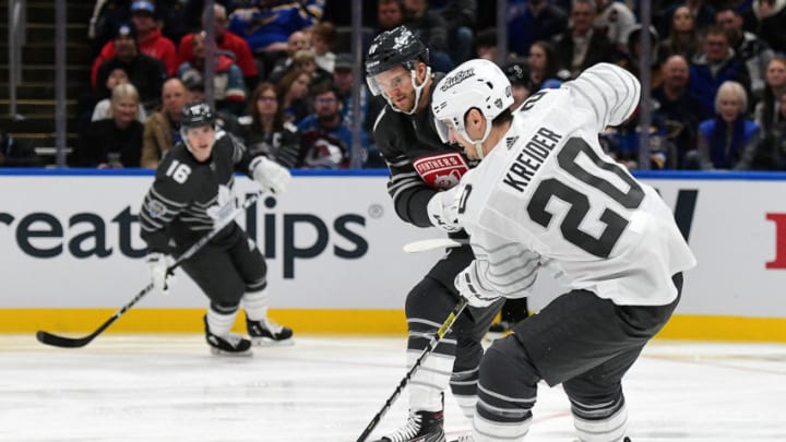 ST. LOUIS, MO. - JANUARY 25: New York Rangers forward Chris Kreider (20) with the puck during the NHL All-Star Game, at Enterprise Center, St. Louis, Mo., on January 25, 2020. Photo by Keith Gillett/Icon Sportswire via Getty Images)