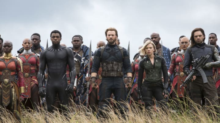 Marvel Studios' AVENGERS: INFINITY WAR. L to R: Okoye (Danai Gurira), Black Panther/T'Challa (Chadwick Boseman), Captain America/Steve Rogers (Chris Evans), Black Widow/Natasha Romanoff (Scarlet Johansson) and Winter Soldier/Bucky Barnes (Sebastian Stan)Photo: Chuck Zlotnick ©Marvel Studios 2018