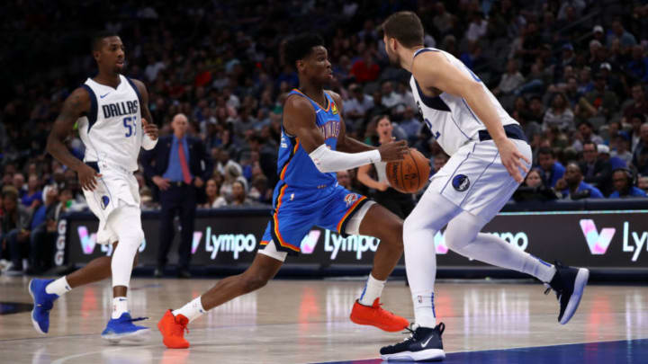 OKC Thunder Shai Gilgeous-Alexander #2 dribbles the ball against the Dallas Mavericks (Photo by Ronald Martinez/Getty Images)