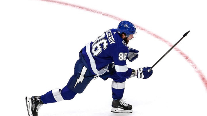 EDMONTON, ALBERTA - SEPTEMBER 09: Nikita Kucherov #86 of the Tampa Bay Lightning celebrates after scoring a goal in the final seconds of the third period against the New York Islanders in Game Two of the Eastern Conference Final during the 2020 NHL Stanley Cup Playoffs at Rogers Place on September 09, 2020 in Edmonton, Alberta. (Photo by Bruce Bennett/Getty Images)