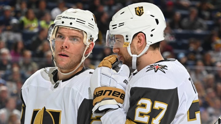 BUFFALO, NY – JANUARY 14: Shea Theodore #27 of the Vegas Golden Knights talks with Paul Stastny #26 before a face-off against the Buffalo Sabres during an NHL game on January 14, 2020 at KeyBank Center in Buffalo, New York. (Photo by Joe Hrycych/NHLI via Getty Images)