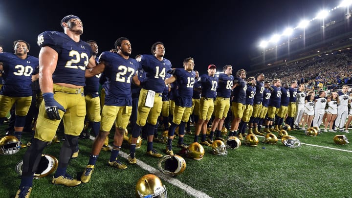 SOUTH BEND, IN – SEPTEMBER 17: Members of the Notre Dame Fighting Irish sing the alma mater following a loss to the Michigan State Spartans at Notre Dame Stadium on September 17, 2016 in South Bend, Indiana. Michigan State defeated Notre Dame 36-28. (Photo by Stacy Revere/Getty Images)