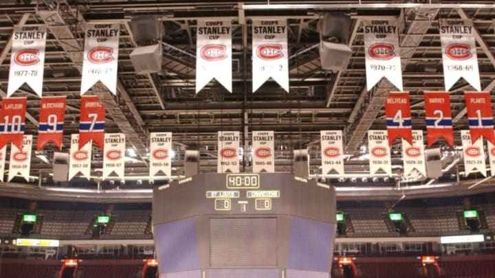 MONTREAL - NOVEMBER 5: A general view of the rafters that show the Stanley Cup Champion banners along with the retired jerseys of the Montreal Canadiens at the Molson Centre on November 5, 2002 in Montreal, Quebec, Canada. (Photo by Harry How/Getty Images)