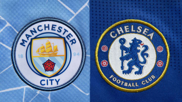 MANCHESTER, ENGLAND - APRIL 19: The club badges of Chelsea and Manchester City on their first team home shirts ahead of their crucial Womens Super League match on April 19, 2021 in Manchester, United Kingdom. (Photo by Visionhaus/Getty Images)