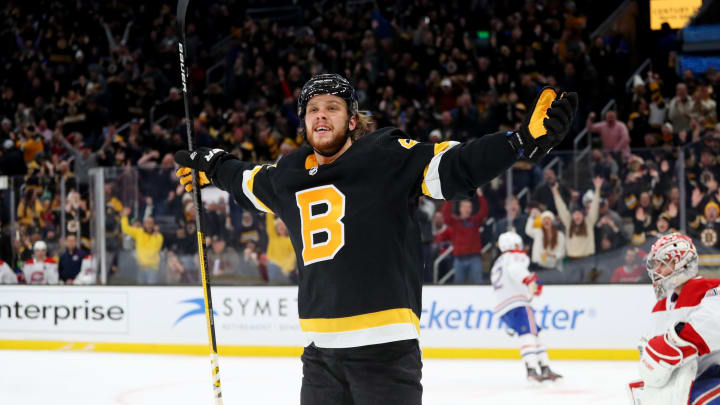 BOSTON, MASSACHUSETTS – DECEMBER 01: David Pastrnak, #88 of the Boston Bruins, celebrates after scoring a goal against the Montreal Canadiens during the third period at TD Garden on December 01, 2019, in Boston, Massachusetts. The Bruins defeat the Canadiens 3-1. (Photo by Maddie Meyer/Getty Images)