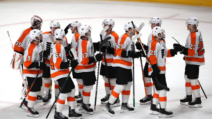 Apr 21, 2022; Montreal, Quebec, CAN; Philadelphia Flyers celebrate their win against Montreal Canadiens at Bell Centre. Mandatory Credit: Jean-Yves Ahern-USA TODAY Sports