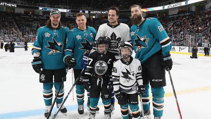 SAN JOSE, CA - JANUARY 25: Erik Karlsson #65, Joe Pavelski #8, and Brent Burns #88 of the San Jose Sharks pose with Auston Matthews #34 of the Toronto Maple Leafs during the Honda NHL Accuracy Shooting during the 2019 SAP NHL All-Star Skills at SAP Center on January 25, 2019 in San Jose, California. (Photo by Bruce Bennett/Getty Images)