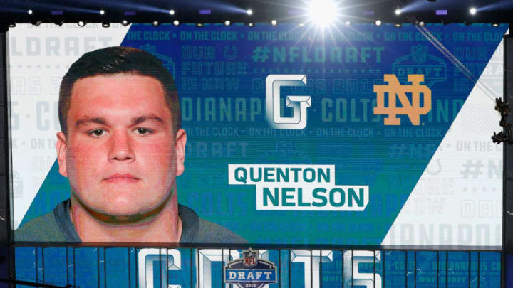 ARLINGTON, TX - APRIL 26: A video board displays an image of Quenton Nelson of Notre Dame after he was picked #6 overall by the Indianapolis Colts during the first round of the 2018 NFL Draft at AT&T Stadium on April 26, 2018 in Arlington, Texas. (Photo by Tim Warner/Getty Images)
