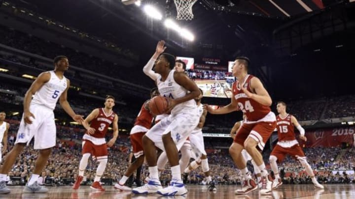 Apr 4, 2015; Indianapolis, IN, USA; Kentucky Wildcats center Dakari Johnson (44) looks to shoot against the Wisconsin Badgers in the first half of the 2015 NCAA Men’s Division I Championship semi-final game at Lucas Oil Stadium. Mandatory Credit: Bob Donnan-USA TODAY Sports