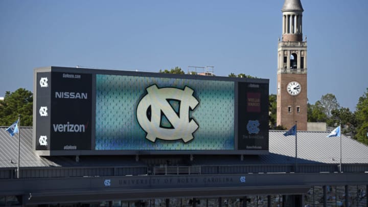 Oct 14, 2017; Chapel Hill, NC, USA; A view of the video board with the Bell Tower in the background at Kenan Memorial Stadium. Mandatory Credit: Bob Donnan-USA TODAY Sports