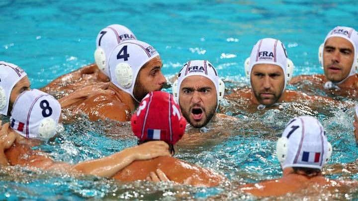 RIO DE JANEIRO, BRAZIL - AUGUST 06: Players of France huddle prior to the Men's Prelimimary Round Group B match between France and Montenegro on Day 1 of the Rio 2016 Olympic Games at the Maria Lenk Aquatics Center on August 6, 2016 in Rio de Janeiro, Brazi (Photo by Tom Pennington/Getty Images) RIO DE JANEIRO, BRAZIL - AUGUST 06: Players of France huddle prior to the Men's Prelimimary Round Group B match between France and Montenegro on Day 1 of the Rio 2016 Olympic Games at the Maria Lenk Aquatics Center on August 6, 2016 in Rio de Janeiro, Brazi (Photo by Tom Pennington/Getty Images)