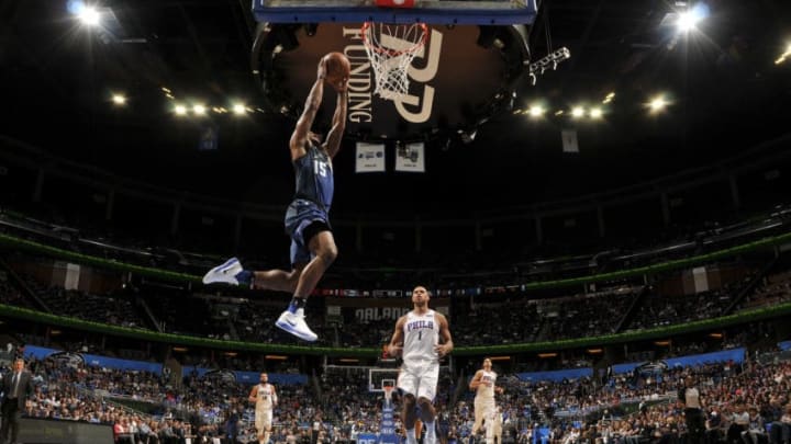 ORLANDO, FL - MARCH 22: Rodney Purvis #15 of the Orlando Magic dunks the ball against the Philadelphia 76ers on March 22, 2018 at Amway Center in Orlando, Florida. NOTE TO USER: User expressly acknowledges and agrees that, by downloading and or using this photograph, User is consenting to the terms and conditions of the Getty Images License Agreement. Mandatory Copyright Notice: Copyright 2018 NBAE (Photo by Fernando Medina/NBAE via Getty Images)