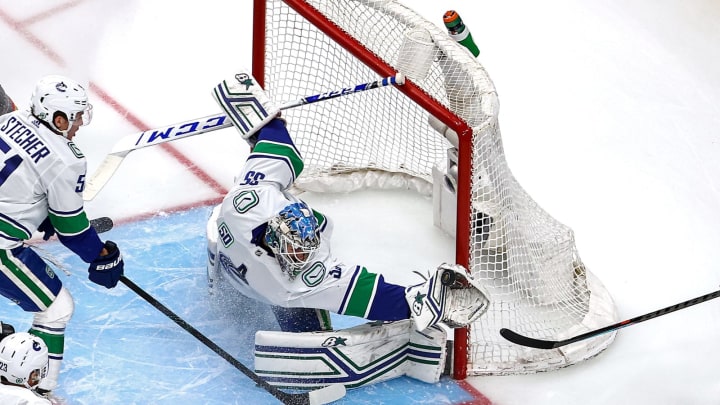 Thatcher Demko makes a remarkable save to keep the game tied at zero. (Photo by Bruce Bennett/Getty Images)