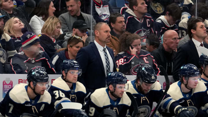 COLUMBUS, OHIO – APRIL 01: Columbus Blue Jackets head coach Brad Larsen looks on during the second period against the Florida Panthers at Nationwide Arena on April 01, 2023 in Columbus, Ohio. (Photo by Jason Mowry/Getty Images)