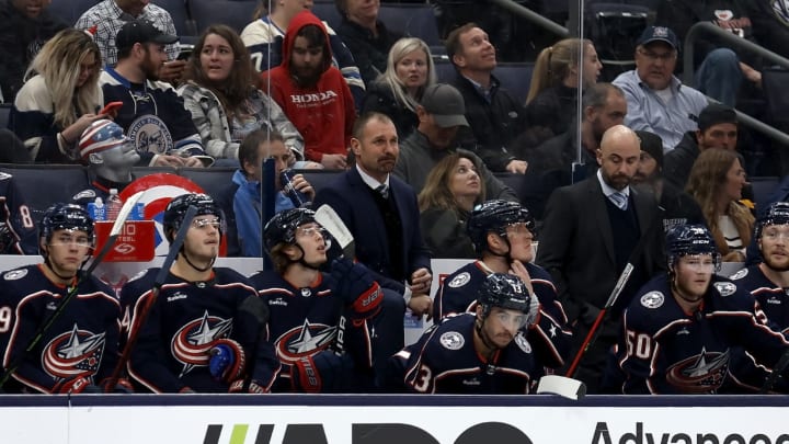 COLUMBUS, OH – DECEMBER 07: Head coach Brad Larsen of the Columbus Blue Jackets stands on the bench during the game against the Buffalo Sabres at Nationwide Arena on December 7, 2022 in Columbus, Ohio. (Photo by Kirk Irwin/Getty Images)