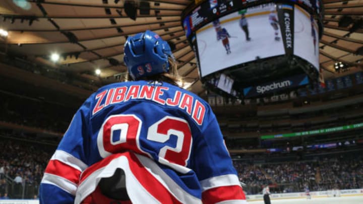 NEW YORK, NY – APRIL 03: Mika Zibanejad #93 of the New York Rangers looks on against the Ottawa Senators at Madison Square Garden on April 3, 2019 in New York City. (Photo by Jared Silber/NHLI via Getty Images)