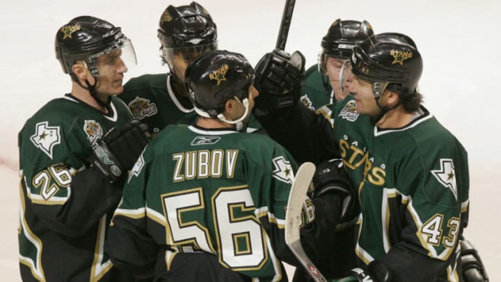 Dallas Stars' Sergei Zubov (56) celebrates his first period goal with teammates against the Phoenix Coyotes at American Airlines Center in Dallas, Texas, Wednesday, December 6, 2006. (Photo by Darrell Byers/Fort Worth Star-Telegram/MCT via Getty Images)