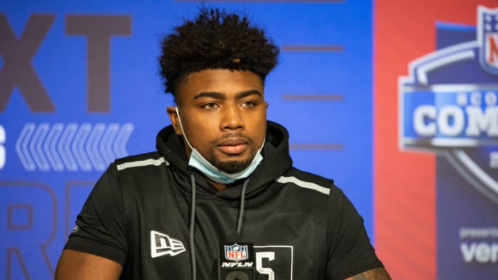 Arkansa wide receiver Treylon Burks talks to the media during the 2022 NFL Combine. Mandatory Credit: Trevor Ruszkowski-USA TODAY Sports