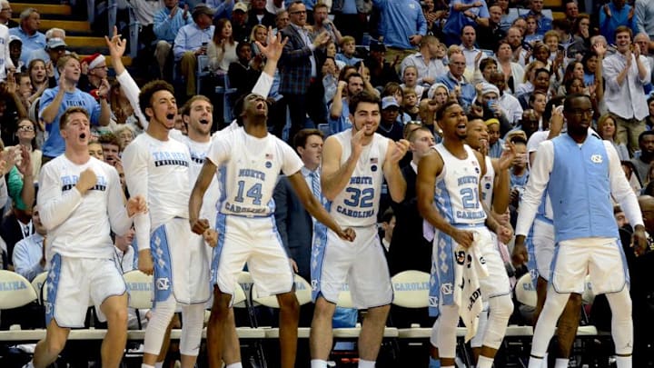 Dec 21, 2016; Chapel Hill, NC, USA; The North Carolina Tar Heels bench reacts to a dunk by forward Isaiah Hicks (not pictured) during the second half against the Northern Iowa Panthers at Dean E. Smith Center. The Tar Heels won 85-42. Mandatory Credit: Rob Kinnan-USA TODAY Sports