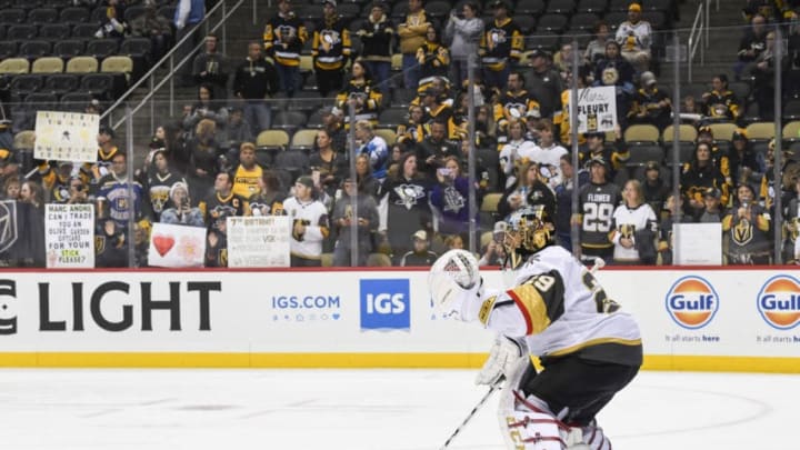 PITTSBURGH, PA - OCTOBER 19: Fans hold signs and cheer for Vegas Golden Knights Goalie Marc-Andre Fleury (29) before the game between the Pittsburgh Penguins and the Vegas Golden Knights on October 19, 2019, at PPG Paints Arena in Pittsburgh, PA. (Photo by Jeanine Leech/Icon Sportswire via Getty Images)