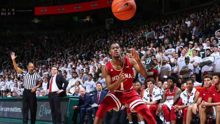 EAST LANSING, MI – FEBRUARY 02: Aljami Durham #1 of the Indiana Hoosiers during a game against the Michigan State Spartans in the second half at Breslin Center on February 2, 2019 in East Lansing, Michigan. (Photo by Rey Del Rio/Getty Images)