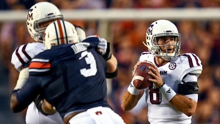 Sep 17, 2016; Auburn, AL, USA; Texas A&M Aggies quarterback Trevor Knight (8) looks to pass during the first quarter against the Auburn Tigers at Jordan Hare Stadium. Mandatory Credit: Shanna Lockwood-USA TODAY Sports