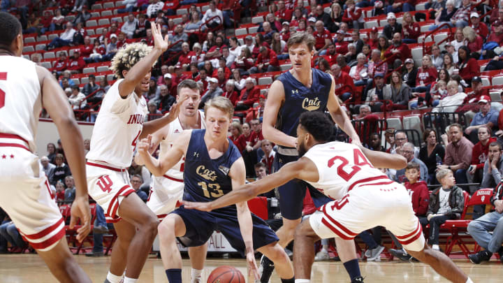 BLOOMINGTON, IN – NOVEMBER 09: Lassi Nikkarinen #13 of the Montana State Bobcats tries to dribble between Jake Forrester #4 and Vijay Blackmon #24 of the Indiana Hoosiers in the second half of the game at Assembly Hall on November 9, 2018 in Bloomington, Indiana. The Hoosiers won 80-35. (Photo by Joe Robbins/Getty Images)