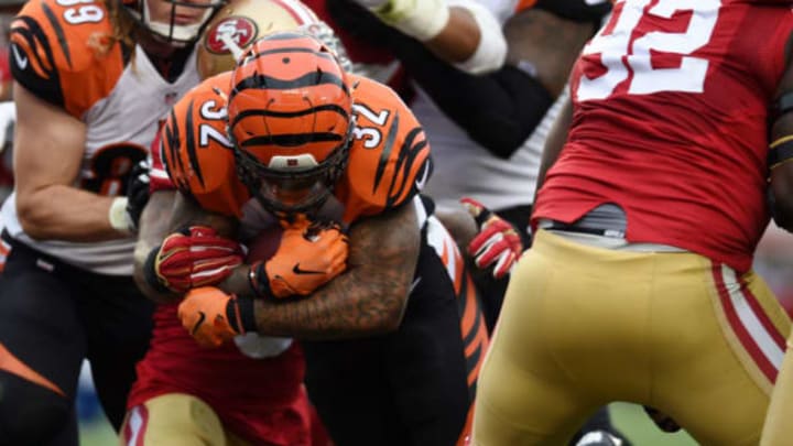 SANTA CLARA, CA – DECEMBER 20: Jeremy Hill #32 of the Cincinnati Bengals scores his second touchdown in the second quarter against the San Francisco 49ers during their NFL game at Levi’s Stadium on December 20, 2015 in Santa Clara, California. (Photo by Thearon W. Henderson/Getty Images)