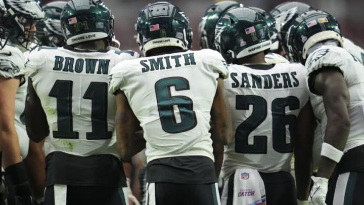 A.J. Brown, #11, Devonta Smith, #6, Miles Sanders, #26, Philadelphia Eagles (Photo by Cooper Neill/Getty Images)
