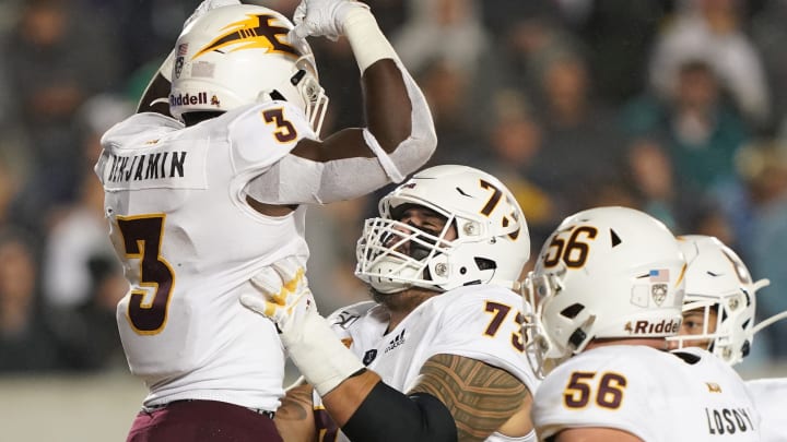 BERKELEY, CALIFORNIA – SEPTEMBER 27: Eno Benjamin #3 and Cohl Cabral #73 of the Arizona State Sun Devils celebrates after Benjamin scored his second touchdown against the California Golden Bears during the third quarter of an NCAA football game at California Memorial Stadium on September 27, 2019, in Berkeley, California. (Photo by Thearon W. Henderson/Getty Images)