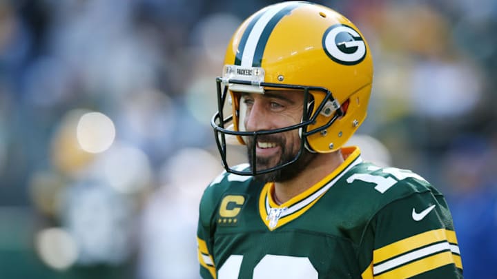 GREEN BAY, WISCONSIN - OCTOBER 20: Aaron Rodgers #12 of the Green Bay Packers looks on before the game against the Oakland Raiders at Lambeau Field on October 20, 2019 in Green Bay, Wisconsin. (Photo by Dylan Buell/Getty Images)