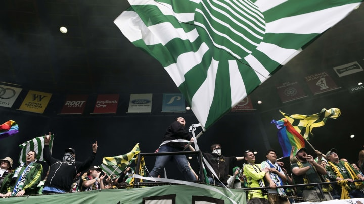Apr 22, 2017; Portland, OR, USA; Portland Timbers fans celebrate after a goal during the first half in a game against the Vancouver Whitecaps at Providence Park. Mandatory Credit: Troy Wayrynen-USA TODAY Sports