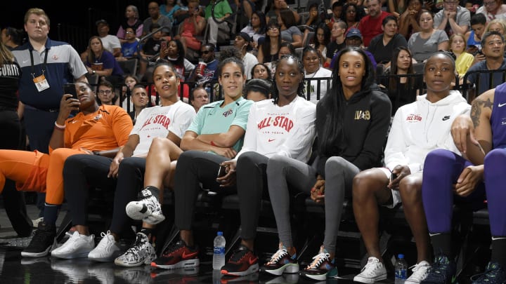 LAS VEGAS, NV – JULY 26: Players look on during the 2019 WNBA Skills Challenge on July 26, 2019 at the Mandalay Bay Events Center in Las Vegas, Nevada. NOTE TO USER: User expressly acknowledges and agrees that, by downloading and or using this photograph, user is consenting to the terms and conditions of the Getty Images License Agreement. Mandatory Copyright Notice: Copyright 2019 NBAE (Photo by Brian Babineau/NBAE via Getty Images)