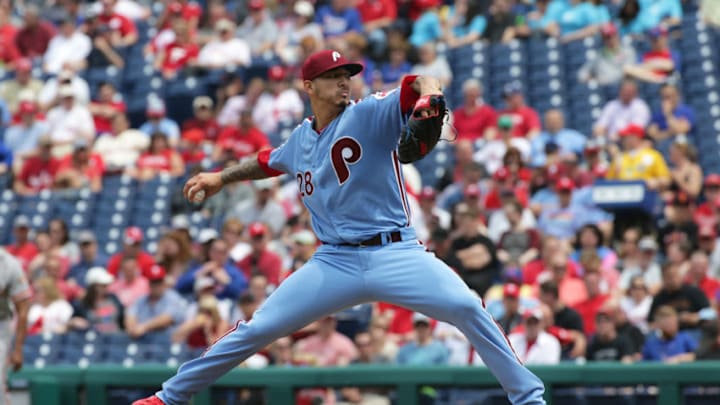 PHILADELPHIA, PA - MAY 10: Starting pitcher Vince Velasquez #28 of the Philadelphia Phillies throws a pitch in the third inning during a game against the San Francisco Giants at Citizens Bank Park on May 10, 2018 in Philadelphia, Pennsylvania. (Photo by Hunter Martin/Getty Images)