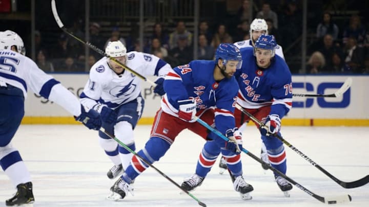 NEW YORK, NY - FEBRUARY 02: Boo Nieves #24 of the New York Rangers skates with the puck against the Tampa Bay Lightning at Madison Square Garden on February 2, 2019 in New York City. (Photo by Jared Silber/NHLI via Getty Images)