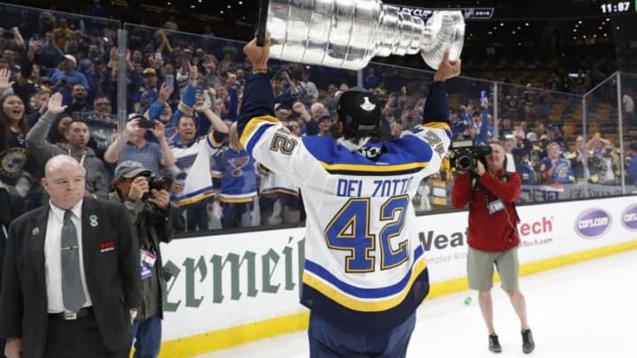 BOSTON, MA - JUNE 12: St. Louis Blues defenseman Michael Del Zotto (42) displays the Cup to the fans after Game 7 of the Stanley Cup Final between the Boston Bruins and the St. Louis Blues on June 12, 2019, at TD Garden in Boston, Massachusetts. (Photo by Fred Kfoury III/Icon Sportswire via Getty Images)