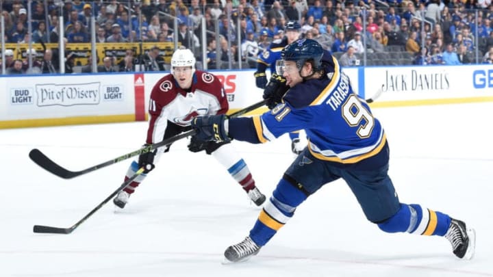 ST. LOUIS, MO - OCTOBER 21: Vladimir Tarasenko #91 of the St. Louis Blues takes a shot against the Colorado Avalanche at Enterprise Center on October 21, 2019 in St. Louis, Missouri. (Photo by Joe Puetz/NHLI via Getty Images)