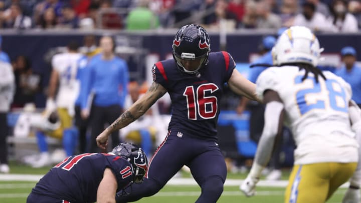Dec 26, 2021; Houston, Texas, USA; Houston Texans kicker Dominik Eberle (16) in action during the game against the Los Angeles Chargers at NRG Stadium. Mandatory Credit: Troy Taormina-USA TODAY Sports