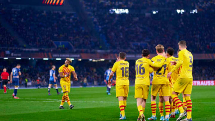 Barcelona players celebrating their team’s fourth goal during the UEFA Europa League Knockout Round Play-Offs match between SSC Napoli and FC Barcelona at Stadio Diego Armando Maradona on February 24, 2022 in Naples, Italy. (Photo by Pedro Salado/Quality Sport Images/Getty Images)