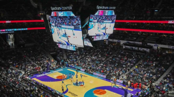 Dec 27, 2021; Charlotte, North Carolina, USA; A general view of the interior of the Spectrum Center as the Charlotte Hornets City display a throw back floor during the first quarter against the Houston Rockets. Mandatory Credit: Jim Dedmon-USA TODAY Sports